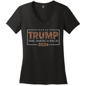 Donald Trump 2024 Take America Back Leopard Print Gift Women's V-Neck T-Shirt