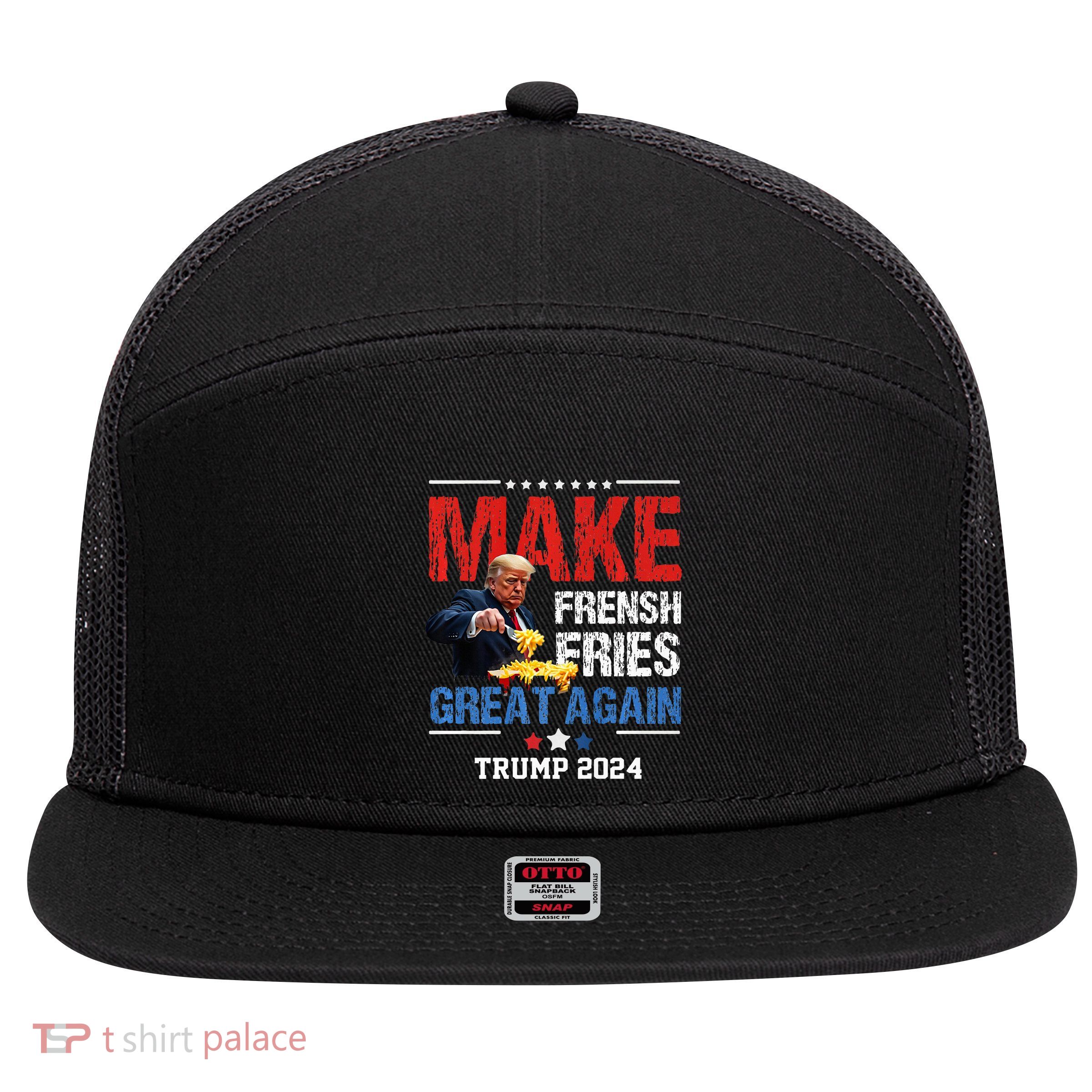 Donald Trump 2024 French Fry Make French Fries Great Again Premium 7 Panel Mesh Trucker Snapback Hat
