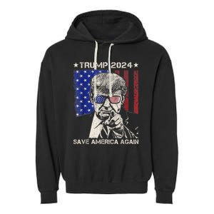 Donald Trump 2024 Save America Again American Flag Garment-Dyed Fleece Hoodie