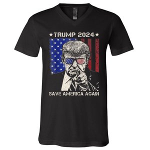 Donald Trump 2024 Save America Again American Flag V-Neck T-Shirt