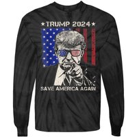 Donald Trump 2024 Save America Again American Flag Tie-Dye Long Sleeve Shirt