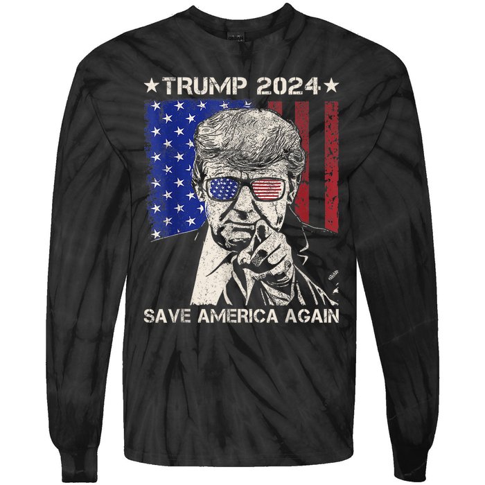 Donald Trump 2024 Save America Again American Flag Tie-Dye Long Sleeve Shirt