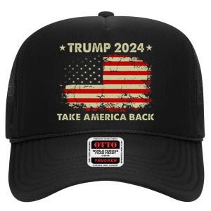 Donald Trump 2024 Take America Back American Flag Patriotic High Crown Mesh Back Trucker Hat