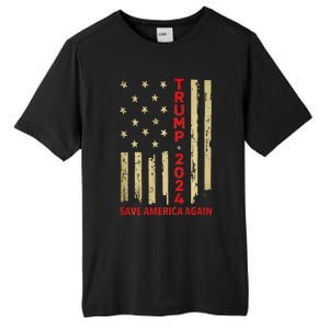 Donald Trump 2024: Save America Again With Flag Tall Fusion ChromaSoft Performance T-Shirt