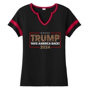 Donald Trump 2024 Take America Back Leopard Print Gift Women Ladies Halftime Notch Neck Tee