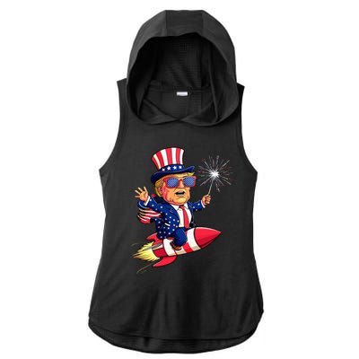 Donald Trump 2024 Happy Trump American Flag Ladies PosiCharge Tri-Blend Wicking Draft Hoodie Tank