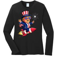 Donald Trump 2024 Happy Trump American Flag Ladies Long Sleeve Shirt