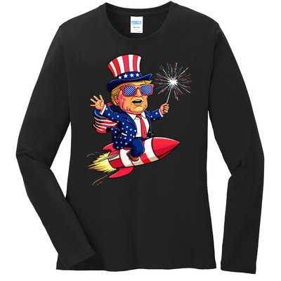 Donald Trump 2024 Happy Trump American Flag Ladies Long Sleeve Shirt