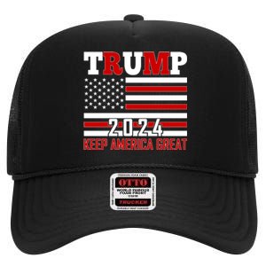 Donald Trump 2024 Keep America Great Usa Flag High Crown Mesh Back Trucker Hat