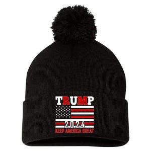 Donald Trump 2024 Keep America Great Usa Flag Pom Pom 12in Knit Beanie