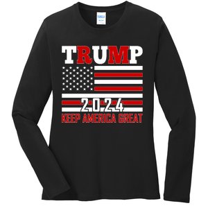 Donald Trump 2024 Keep America Great Usa Flag Ladies Long Sleeve Shirt