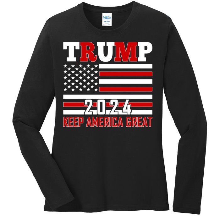 Donald Trump 2024 Keep America Great Usa Flag Ladies Long Sleeve Shirt