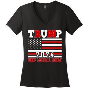 Donald Trump 2024 Keep America Great Usa Flag Women's V-Neck T-Shirt