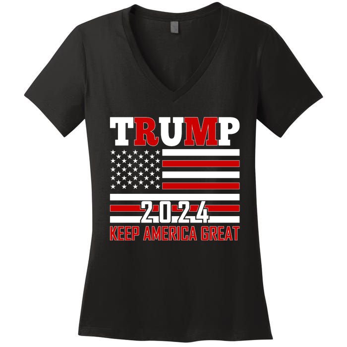 Donald Trump 2024 Keep America Great Usa Flag Women's V-Neck T-Shirt