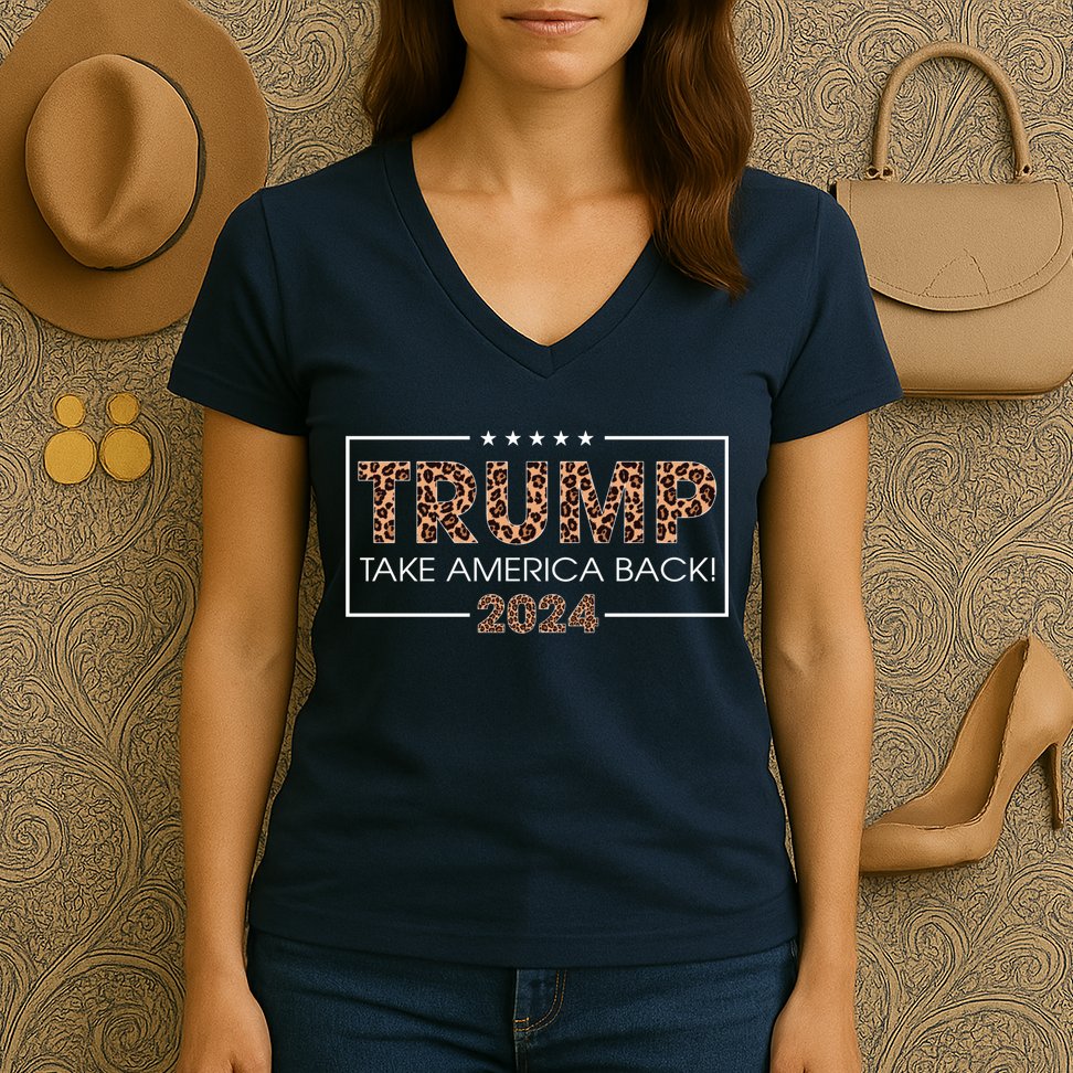 Donald Trump 2024 Take America Back Leopard Print Gift Wo Women's V-Neck T-Shirt