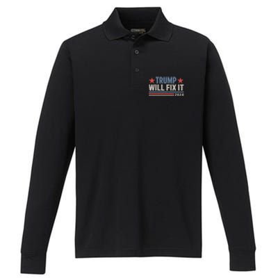 Donald Trump 2024 For President Election Trump Will Fix It Performance Long Sleeve Polo