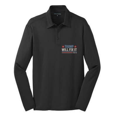 Donald Trump 2024 For President Election Trump Will Fix It Silk Touch Performance Long Sleeve Polo