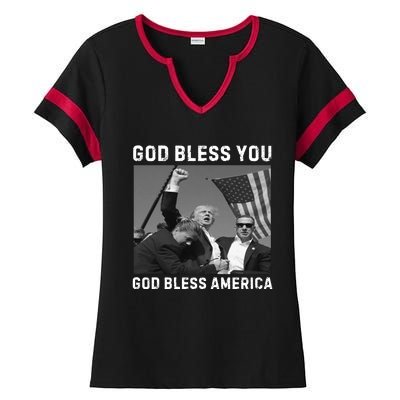 Donald Trump 2024 God Bless You God Bless America Ladies Halftime Notch Neck Tee