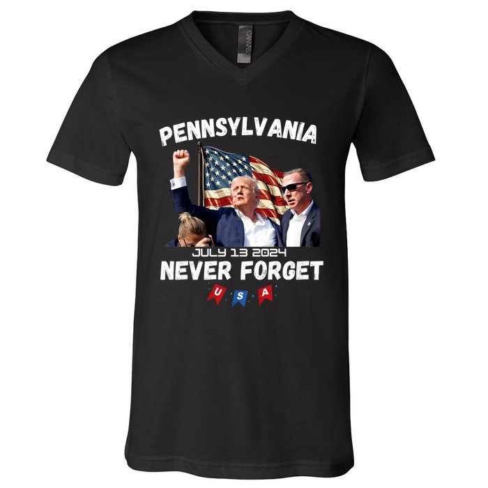 Donald Trump 2024 Election Gifts For Patriotics Butler Pennsylvania Never Forget V-Neck T-Shirt