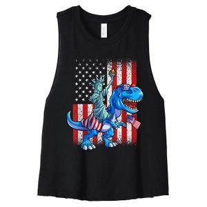 Dinosaur TRex 4th Of July Dino Boy Men American USA Flag Women's Racerback Cropped Tank