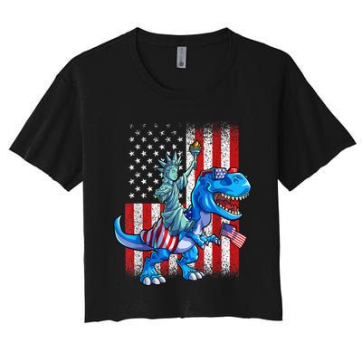 Dinosaur TRex 4th Of July Dino Boy Men American USA Flag Women's Crop Top Tee