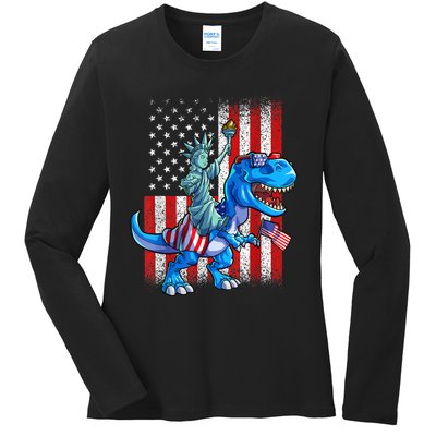 Dinosaur TRex 4th Of July Dino Boy Men American USA Flag Ladies Long Sleeve Shirt