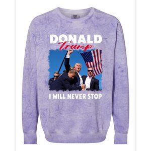 Donald Trump Assassination I Will Never Stop Colorblast Crewneck Sweatshirt