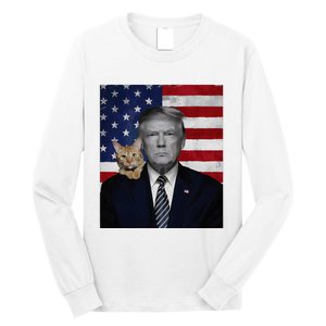 Donald Trump And Cat Political Usa Flag Election 2024 Long Sleeve Shirt