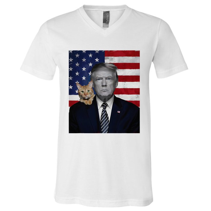 Donald Trump And Cat Political Usa Flag Election 2024 V-Neck T-Shirt