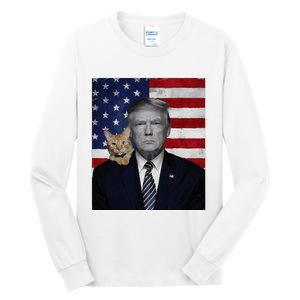 Donald Trump And Cat Political Usa Flag Election 2024 Tall Long Sleeve T-Shirt