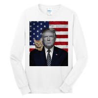 Donald Trump And Cat Political Usa Flag Election 2024 Tall Long Sleeve T-Shirt