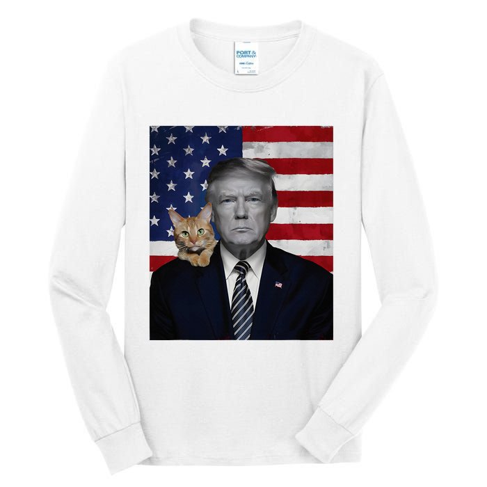 Donald Trump And Cat Political Usa Flag Election 2024 Tall Long Sleeve T-Shirt