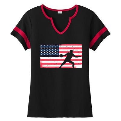 Discus Thrower American Flag Track And Field Throwing Discus Ladies Halftime Notch Neck Tee