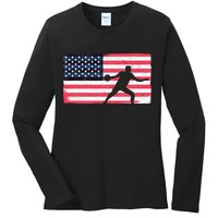 Discus Thrower American Flag Track And Field Throwing Discus Ladies Long Sleeve Shirt