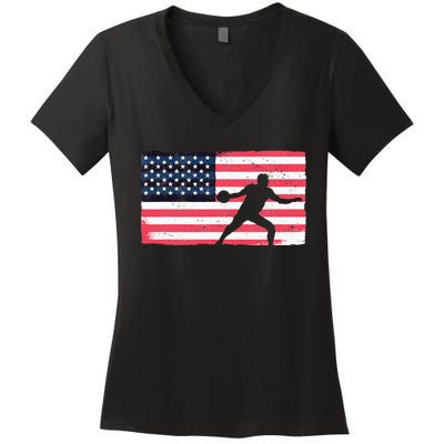 Discus Thrower American Flag Track And Field Throwing Discus Women's V-Neck T-Shirt