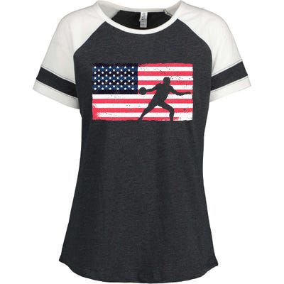 Discus Thrower American Flag Track And Field Throwing Discus Enza Ladies Jersey Colorblock Tee