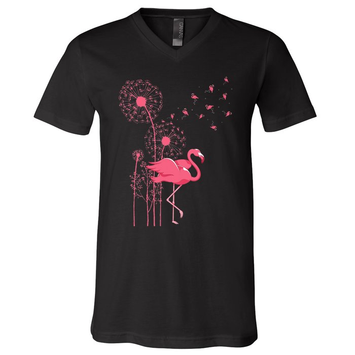 Dandelion Tropical Animal Exotic Bird Wildlife Pink Flamingo V-Neck T-Shirt