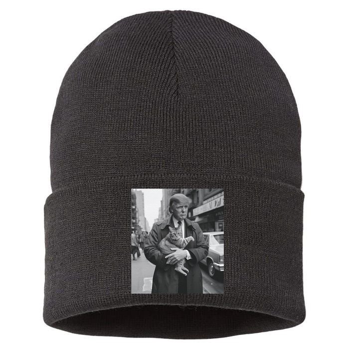 Donald Trump And Cat In Nyc Sustainable Knit Beanie