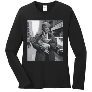 Donald Trump And Cat In Nyc Ladies Long Sleeve Shirt