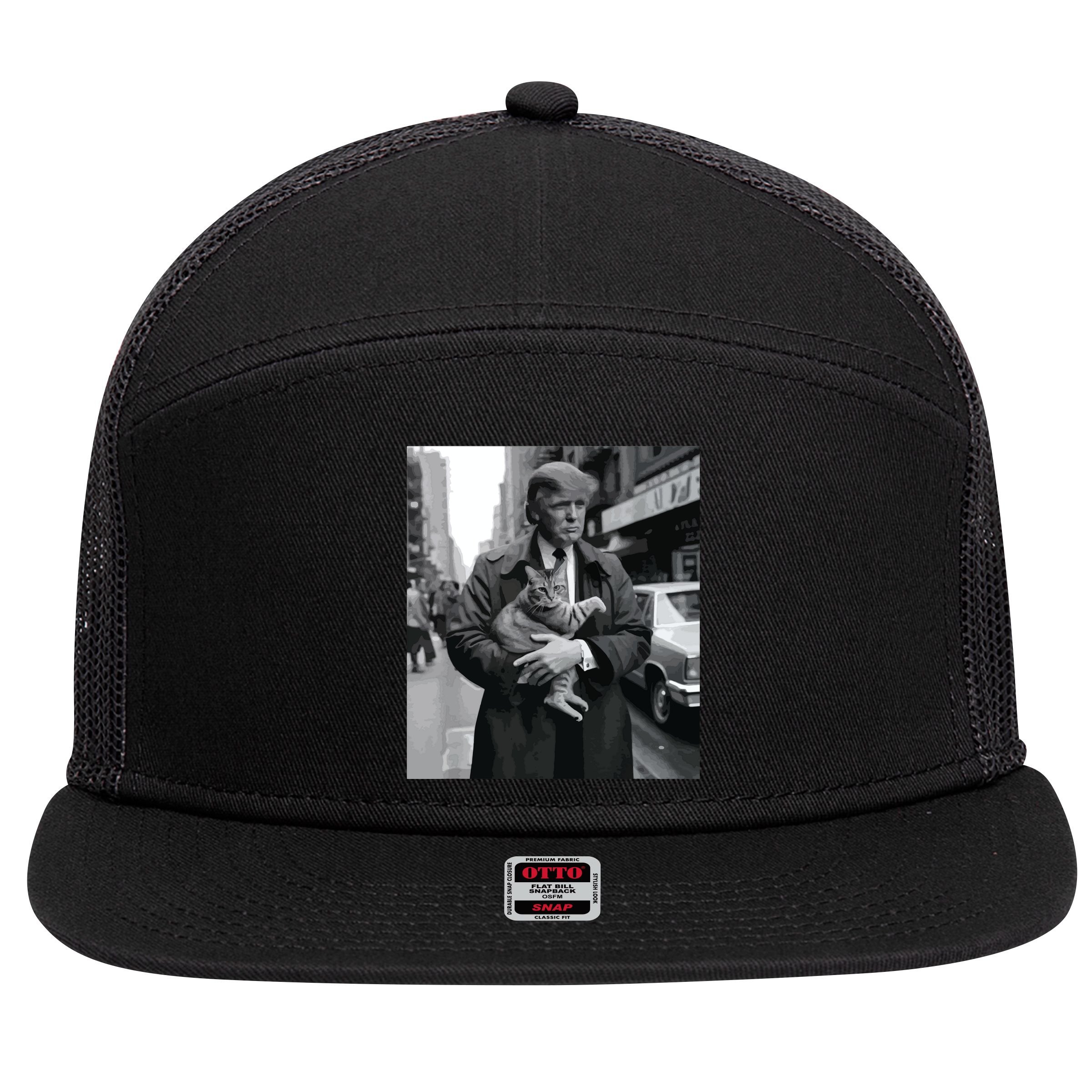 Donald Trump And Cat In Nyc 7 Panel Mesh Trucker Snapback Hat