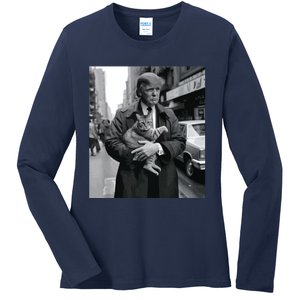 Donald Trump And Cat In Nyc Ladies Long Sleeve Shirt