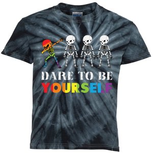 Dare To Be Yourself Halloween Costume Rainbow Skeleton Kids Tie-Dye T-Shirt