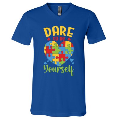 Dare To Be Yourself Autism Awareness Month Teacher Mom Gift V-Neck T-Shirt