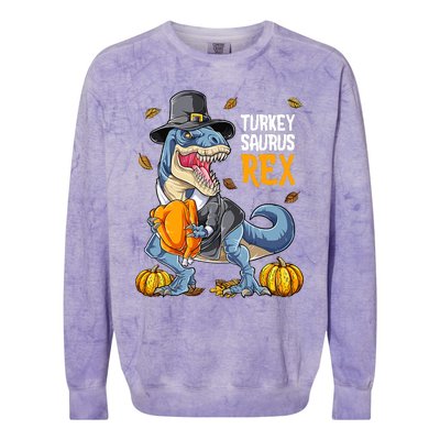 Dinosaur Thanksgiving Boys Turkey Saurus T Rex Pilgrim Colorblast Crewneck Sweatshirt