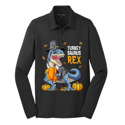 Dinosaur Thanksgiving Boys Turkey Saurus T Rex Pilgrim Silk Touch Performance Long Sleeve Polo