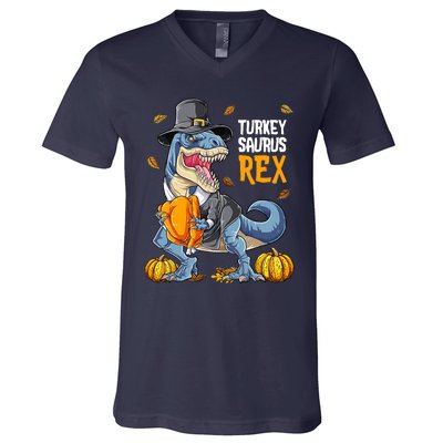 Dinosaur Thanksgiving Boys Turkey Saurus T Rex Pilgrim V-Neck T-Shirt