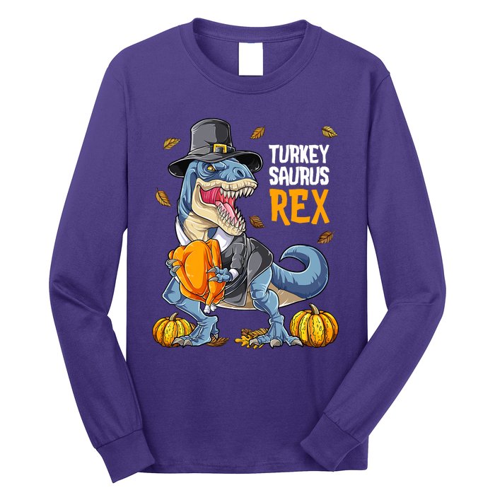 Dinosaur Thanksgiving Boys Turkey Saurus T Rex Pilgrim Long Sleeve Shirt