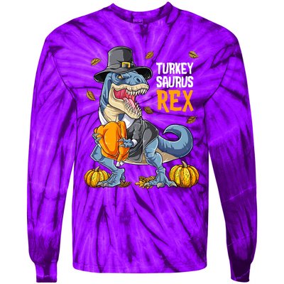 Dinosaur Thanksgiving Boys Turkey Saurus T Rex Pilgrim Tie-Dye Long Sleeve Shirt