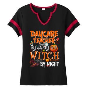 Daycare Teacher By Day Witch By Night Cute Gift Ladies Halftime Notch Neck Tee