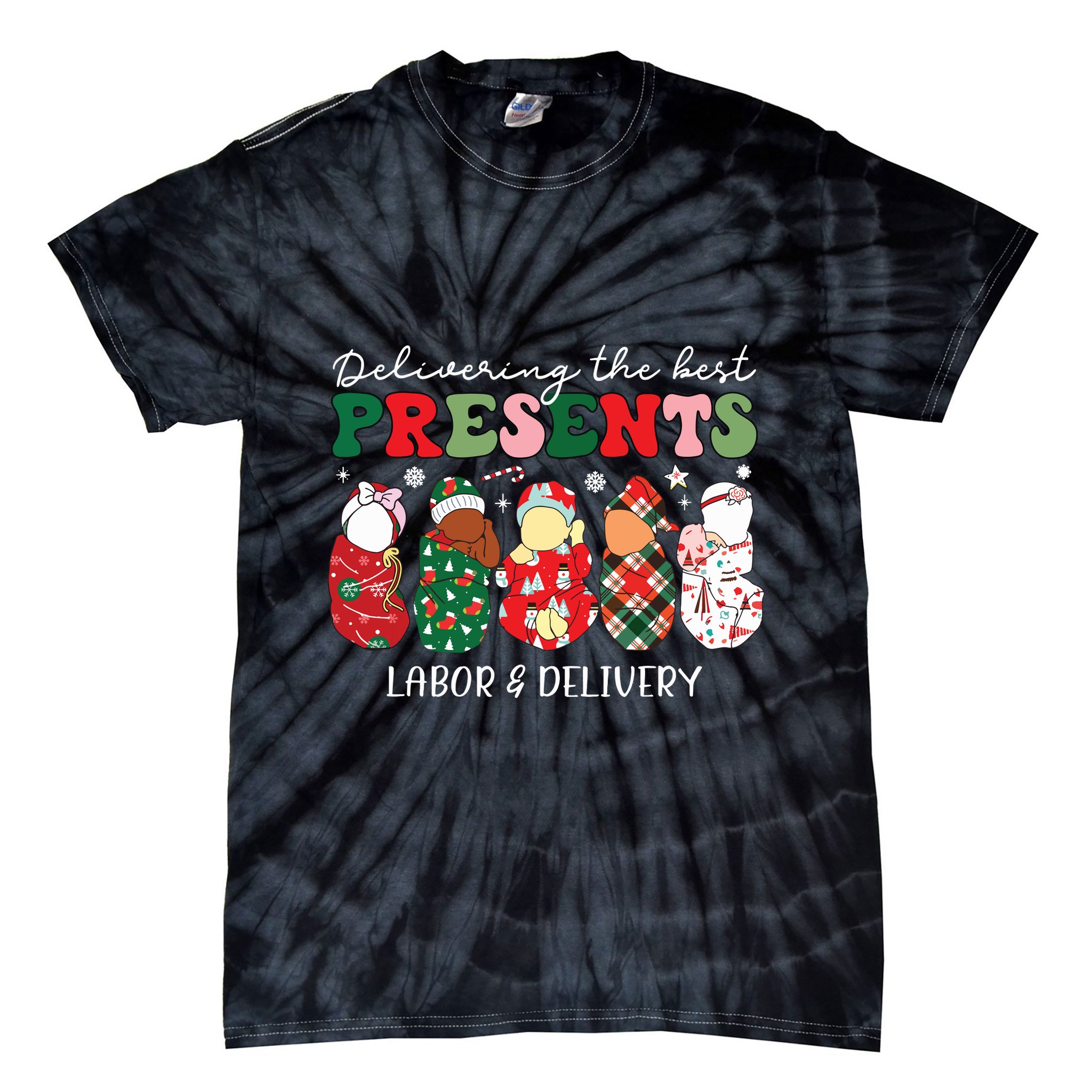 Delivering The Best Presents Labor Delivery Nurse Christmas Tie-Dye T-Shirt